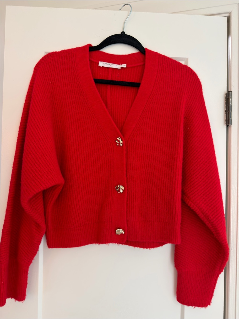 Nordstrom Bright Red V-Neck Cropped Cardigan with Gold Buttons
